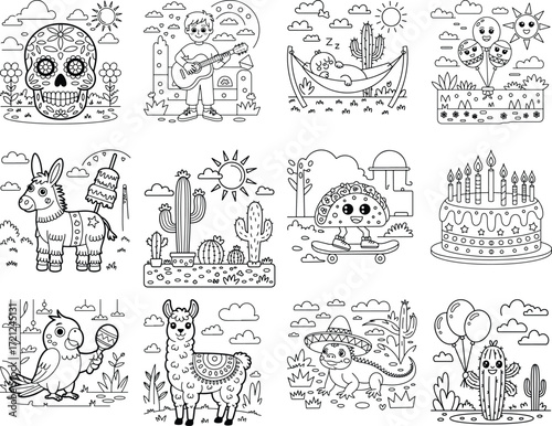 Collection of mexican fiesta and desert themed cute characters and objects for coloring pages isolated on white background