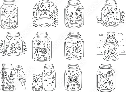 Charming whimsical creatures captured inside glass jars line art coloring pages featuring enchanting fantasy elements isolated on white background