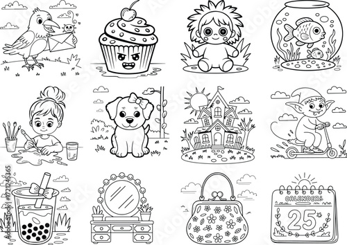 Charming childrens coloring pages featuring adorable characters and fun objects for creative kids isolated on white background