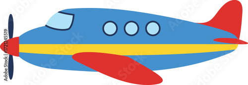 Bright blue propeller airplane with red wings and tail featuring yellow stripe and windows ideal for children's themes travel and aviation isolated on transparent background
