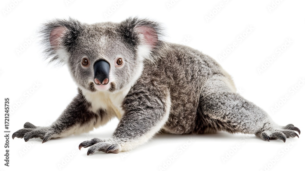 Obraz premium Photograph of a koala resting on its forearms against a white background.