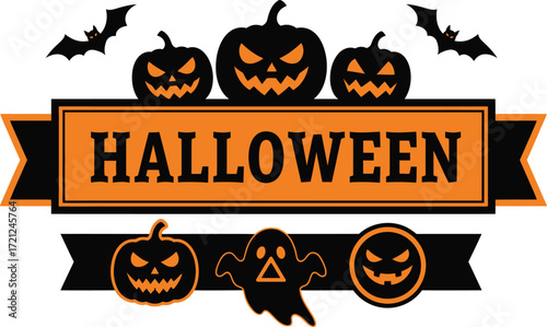 Spooky Halloween celebration banner with pumpkins, bats, and ghost