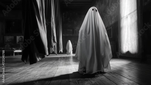 Ghostly figures wander through a dimly lit, abandoned room with eerie shadows and curtain drapes in an unsettling atmosphere of fear and mystery