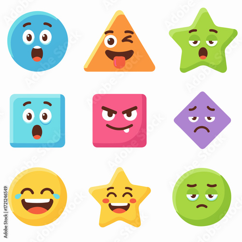 A diverse collection of colorful geometric shape emoticons displaying a wide range of facial expressions such as joy, sadness, and anger