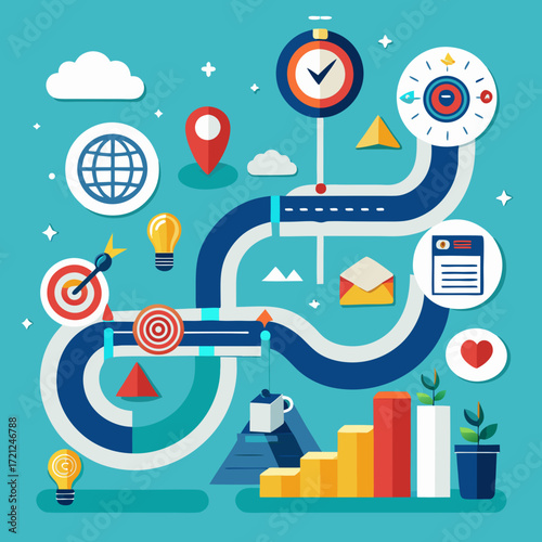 Business success roadmap concept. Points to a upward path marked by progress icons and check marks, representing strategic planning, goal tracking and successful project execution in a corporate