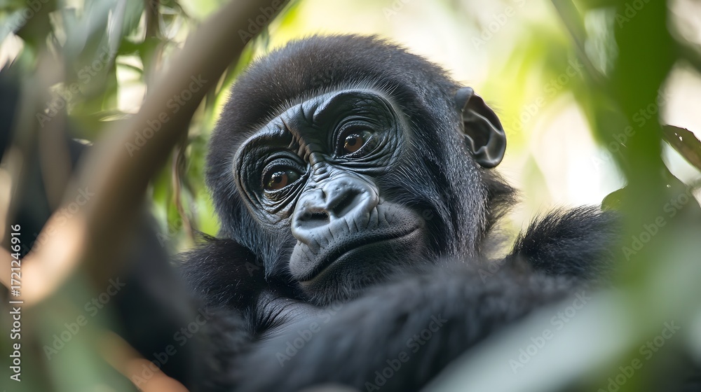 Obraz premium Photograph of a young gorilla peering intensely from a lush, green forest canopy.