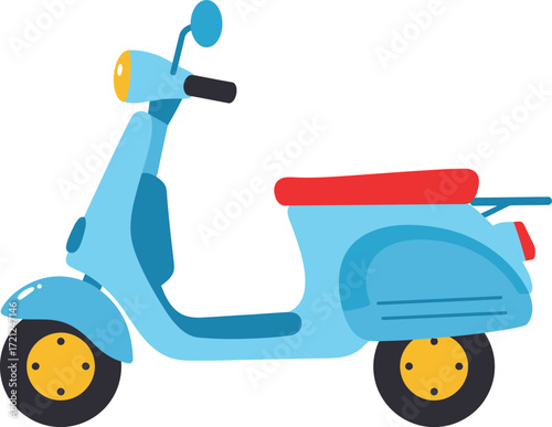 Retro turquoise scooter with red seat and yellow wheels for urban commuting and stylish transportation isolated on transparent background