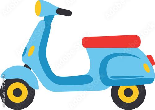 Bright blue vintage scooter with red seat for urban commuting and leisure rides a classic two-wheeler design isolated on transparent background