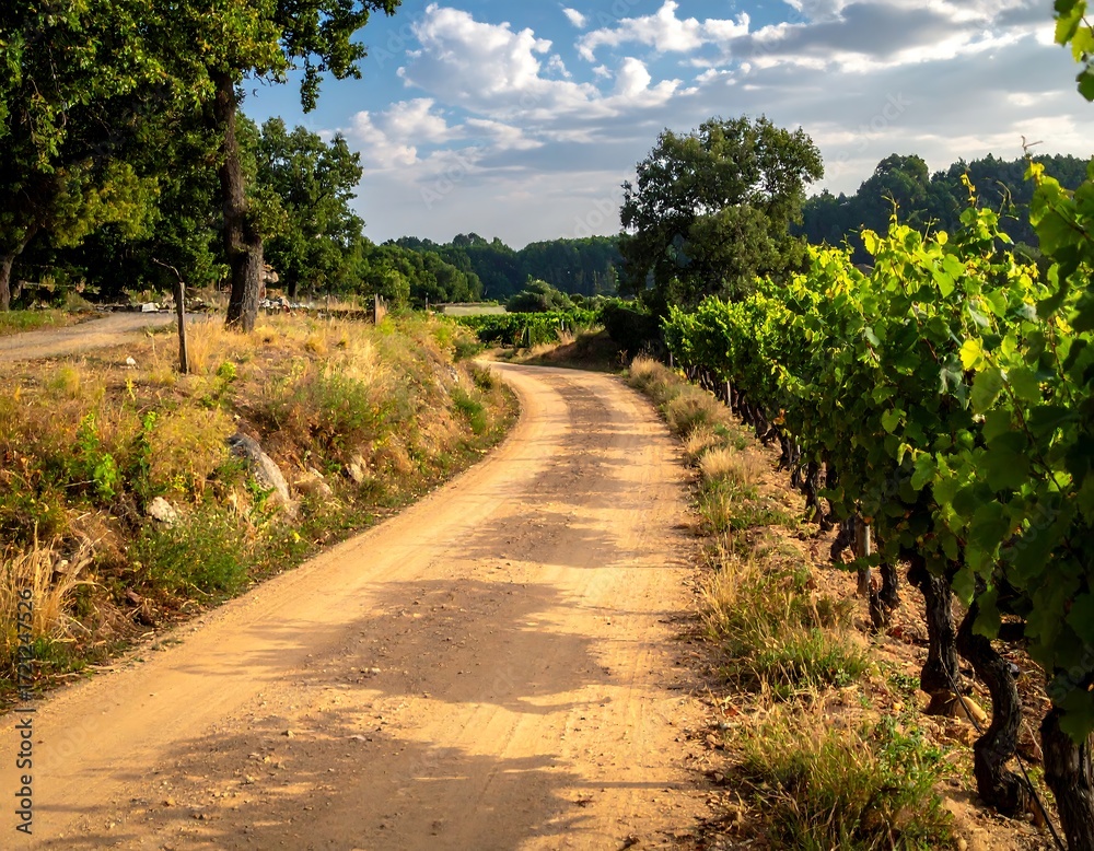 Fototapeta premium Dusty road through vineyards under a partly cloudy sky