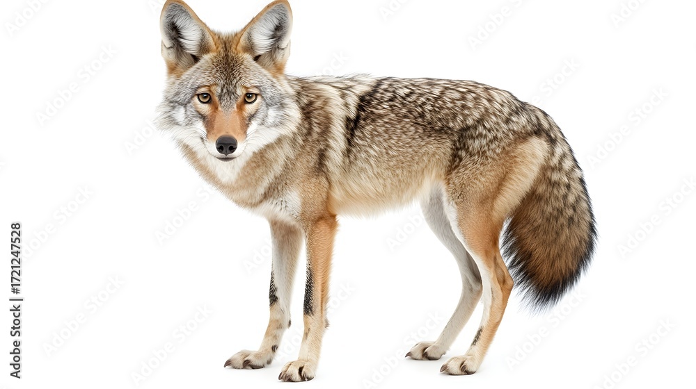 Fototapeta premium Photograph of a coyote standing upright with mottled brown and grey fur.