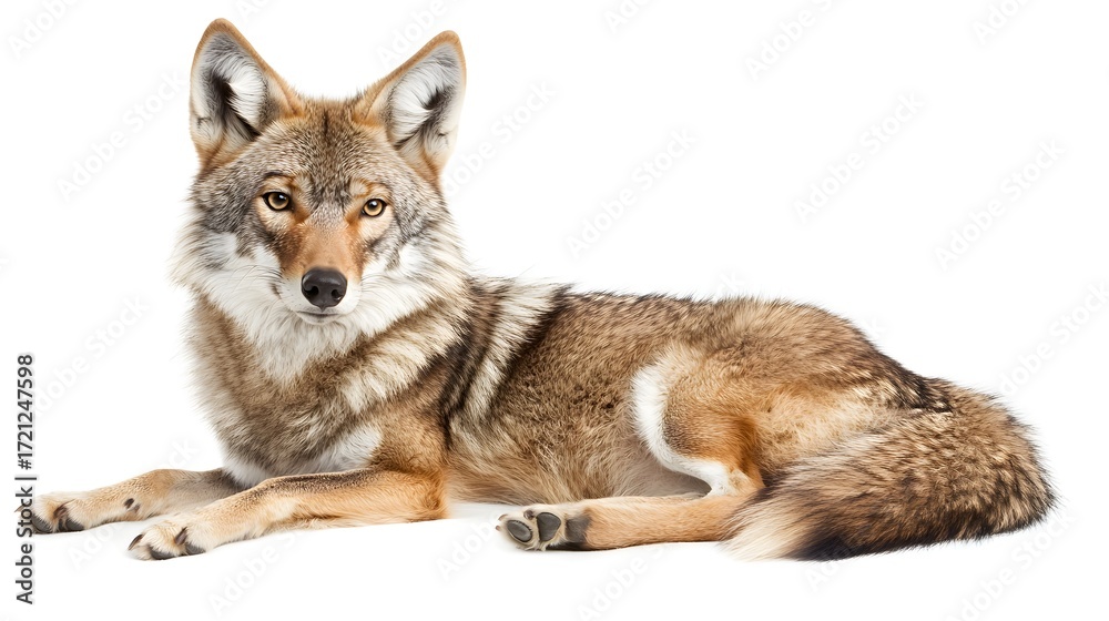 Fototapeta premium Photograph of a gray wolf resting on a white background, displaying intense gaze.