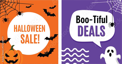 Spooky Halloween sale with pumpkins, bats, spiders, and ghosts offering great deals