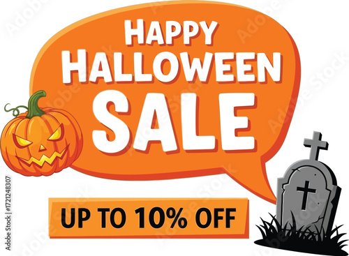Spooky Halloween sale featuring a grinning pumpkin, tombstone, and a discount offer.