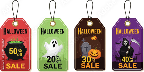 Festive Halloween sale tags featuring spooky discounts and iconic holiday imagery