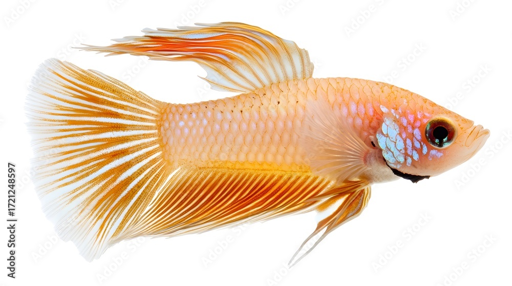 Fototapeta premium Photograph of a vibrant betta fish with orange and blue coloration and flowing fins.