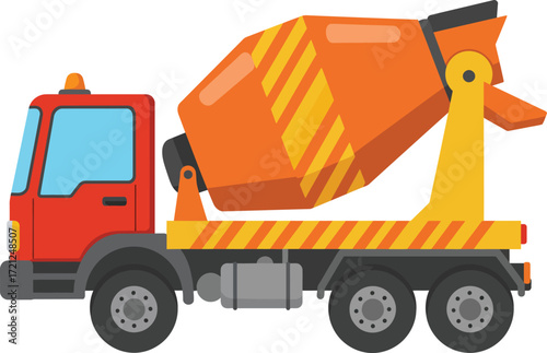 Bright orange concrete mixer truck illustration with blue windows and red cab ready for construction projects and heavy duty transport isolated on transparent background