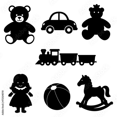 Collection of Silhouette Toys Including a Teddy Bear, Train, Doll, Ball, and Rocking Horse