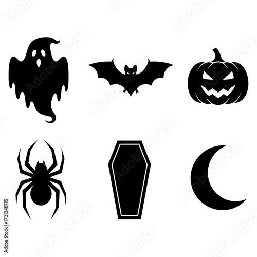 Halloween Icons Collection Ghost, Bat, Pumpkin, Spider, Coffin and Moon Vector Illustrations