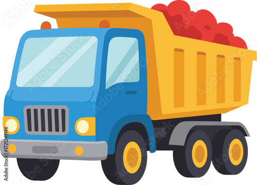 Brightly colored blue dump truck carrying red cargo transportation construction vehicle fun graphic isolated on transparent background