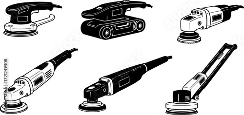 Electric sanding machine icons set. Different polishing machine icons .