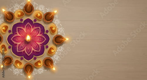 A stunning flat design illustration showcasing an elaborate Rangoli pattern beautifully accentuated by the warm glow of traditional diyas, symbolizing the artistic and spiritual essence of Diwali. 