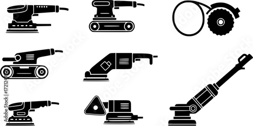 Electric sanding machine icons set. Different polishing machine icons .