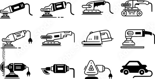 Electric sanding machine icons set. Different polishing machine icons .