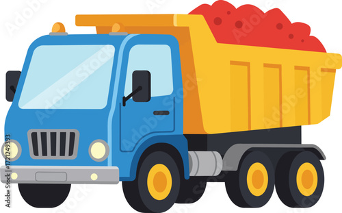 Colorful toy dump truck loaded with red material ideal for children's transportation and construction themed designs isolated on transparent background