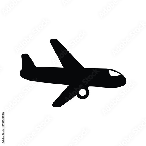 Simple black airplane icon with two wings and landing gear illustration