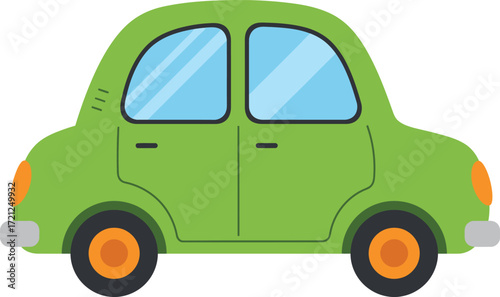Charming green cartoon car with orange wheels and clear windows bright and cheerful driving transportation vehicle isolated on transparent background