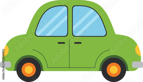 Charming cartoon green car with blue tinted windows and orange wheels ready for adventure fun travel isolated on transparent background