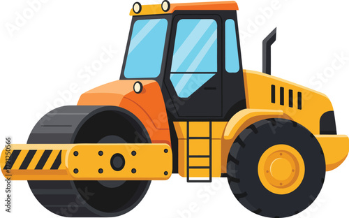 Vibrant orange steamroller machine illustration for construction and roadwork projects capturing heavy duty equipment isolated on transparent background