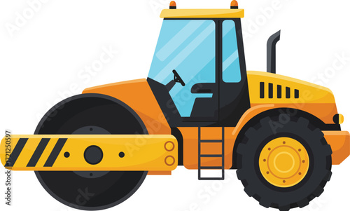Bright yellow road roller construction machine detailed realistic rendering of heavy duty compaction equipment for paving and infrastructure projects isolated on transparent background