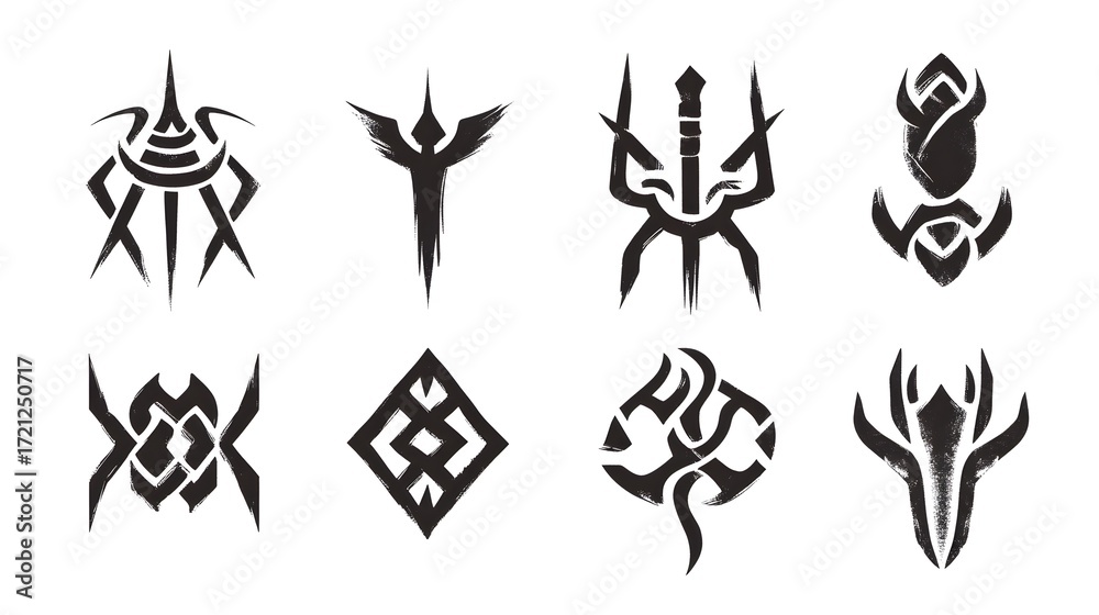 Fototapeta premium Digital illustration of stylized, geometric black tribal tattoos with sharp, angular designs.
