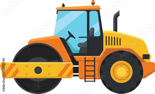 Yellow steamroller machine for road construction and compaction equipment detailed representation of heavy machinery isolated on transparent background