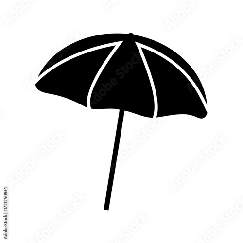 Stylized black and white beach umbrella with white stripes design element