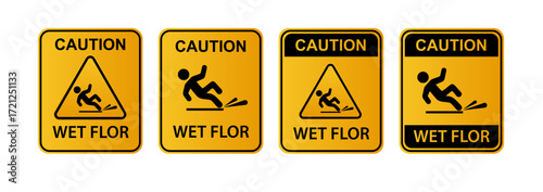 Wet floor signs. Hazard slippery surface wet floor sign. Caution orange signs plate. Vector
