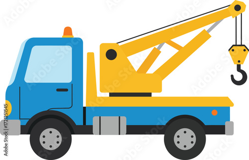 Bright blue and yellow tow truck with crane ready for heavy lifting and vehicle recovery services isolated on transparent background