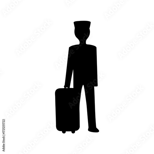Silhouette of a bellhop carrying luggage on a white background design