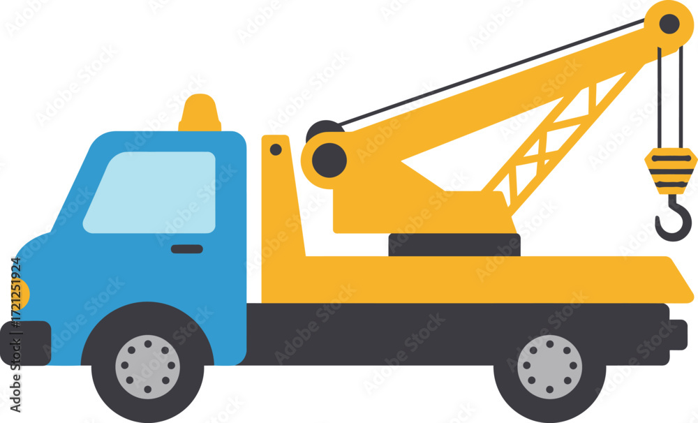 Naklejka premium Bright yellow tow truck with blue cab features an extendable crane for vehicle recovery and transport services isolated on transparent background