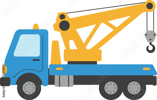 Blue tow truck with yellow crane ready for lifting heavy loads on isolated on transparent background