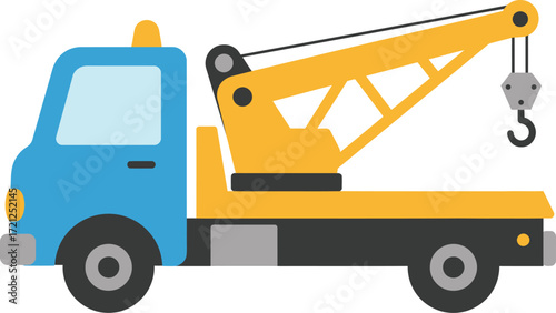 Cartoon tow truck vehicle with crane ready for roadside assistance and towing services bright blue cab yellow boom and flatbed isolated on transparent background