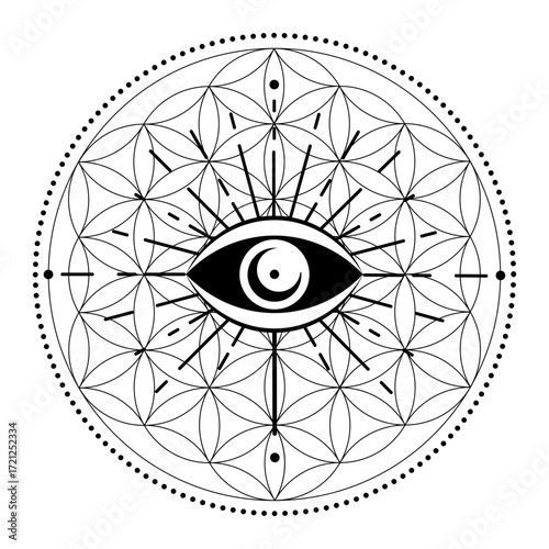 Mystical eye on Flower of Life, Sacred Geometry symbol, esoteric logo design, tattoo sign, vector illustration isolated on white background