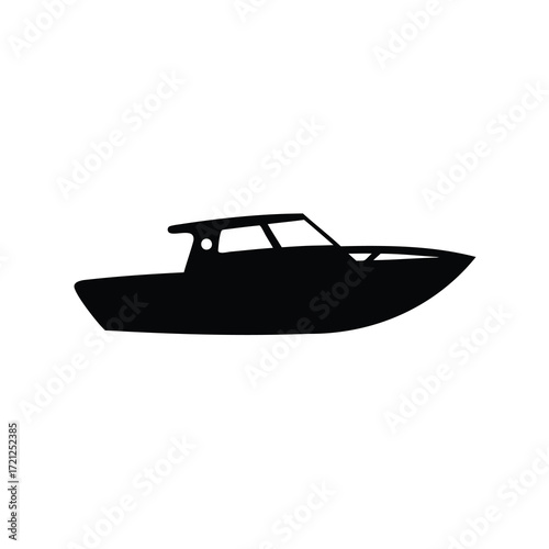 Sleek black powerboat silhouette isolated on white background with cabin detail