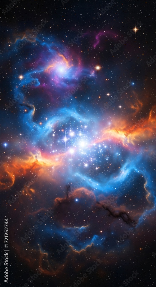 Fototapeta premium A vibrant display of cosmic nebulae, showcasing swirling patterns of orange, blue, and purple hues against a backdrop of countless stars.