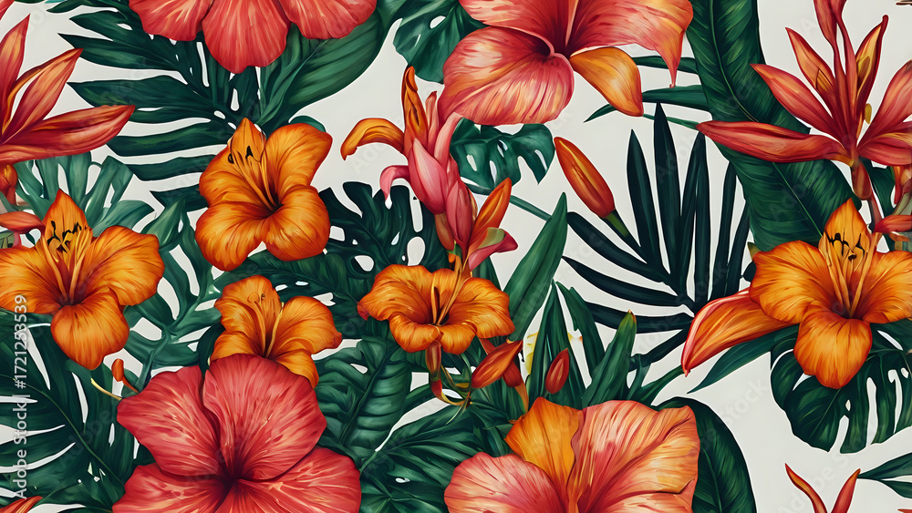 colorful flowers Bright tropical flower pattern with bold black stroke outline