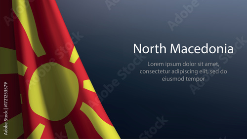 North Macedonia flag with emblem on dark gradient background