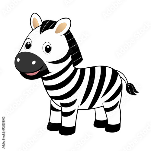 A cute cartoon zebra with black and white stripes stands on a black background with a friendly expression