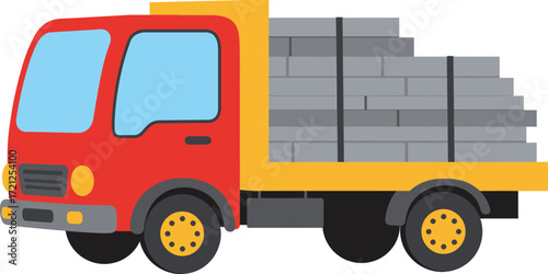 Bright red flatbed truck loaded with gray cargo delivering goods transportation logistics industry vehicle isolated on transparent background