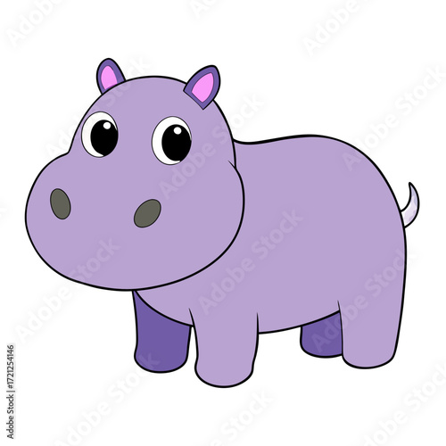 Adorable cartoon illustration of a cute plump purple hippopotamus with large expressive eyes and a friendly demeanor against a black background